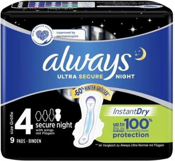 Always Maandverband Ultra Secure Night met Vleugels - 9st - 51Dnspod | Smaakvolle damp – Verzendkosten vrij vanaf 40€