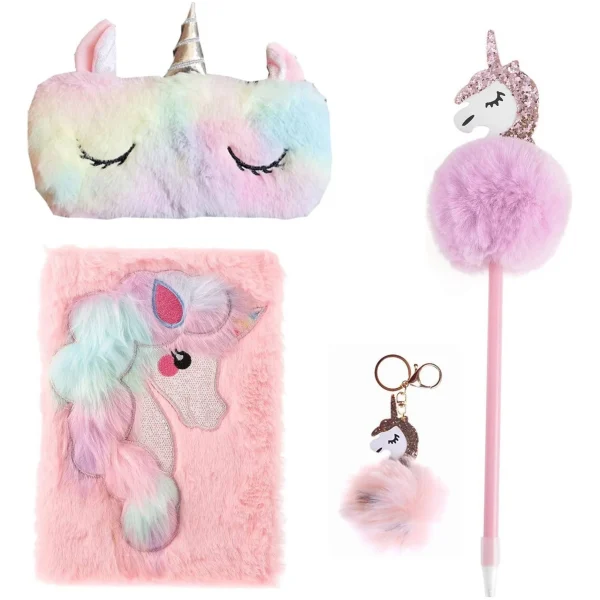 4 Delig - Pluizig Eenhoorn Dagboek Set - A5 Gelinieerd Notitieboek met Regenboog Pailletten Cover, Eenhoorn Pen, Sleutelhanger & Etui - Ideaal voor Kinderen - 51Dnspod | Smaakvolle damp –