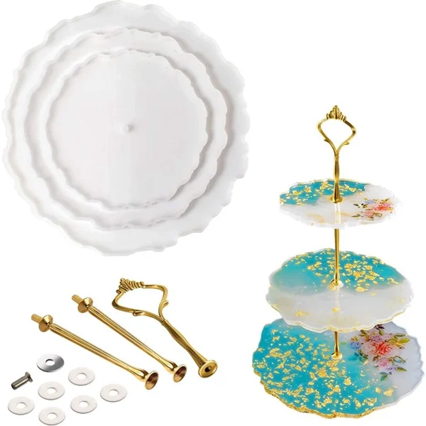 2 Stuks - Complete 3-Laags Taartstandaard Hars Mallen Set - Inclusief 3 Ronde Siliconen Mallen, Gouden en Zilveren Beugels, Gouden Folies, Vingerhoedjes en Roerstaafjes - Resin Etagère - 51Dn