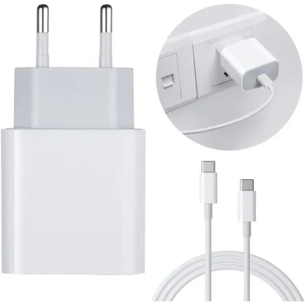 18-Watt Snel Oplaadset - 18 Watt Snel Oplaadstation met USB Type C Uitgang, EU-stekker + USB-C Kabel - USB C 3.0, 1 meter of 2 meter, Omkeerbaar PD, Snel Opladen en Gegevensoverdracht, Kleur: