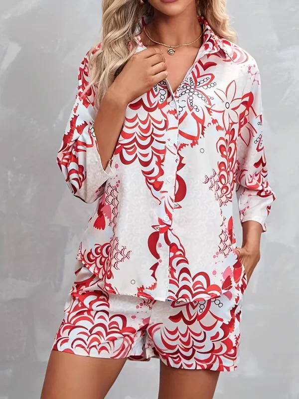 Allover Print Matching Two-piece Set, Casual Bracelet Sleeve Button Front Shirt & Loose Shorts Outfits, Women's Clothing - 51Dnspod | Smaakvolle damp – Verzendkosten vrij vanaf 40€