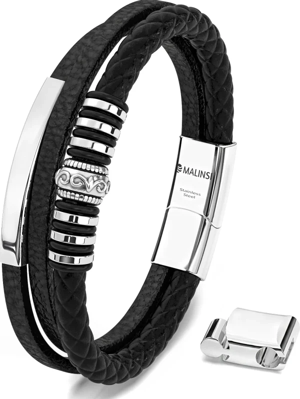 Armband Heren | Zwart Leer met RVS Accenten | Incl Verlengstuk - 51Dnspod | Smaakvolle damp – Verzendkosten vrij vanaf 40€
