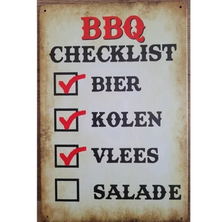 BBQ Wandbord Barbecue Checklist 30x20cm - 51Dnspod | Smaakvolle damp – Verzendkosten vrij vanaf 40€ BBQ Wandbord Barbecue Checklist 30x20cm - 51Dnspod | Smaakvolle damp – Verzendkosten vrij vanaf 40€