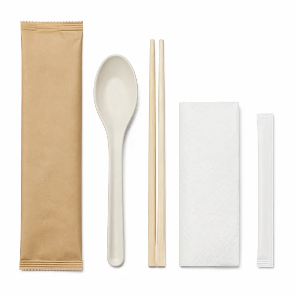 100 Stuks - Individueel Verpakte Restaurant Bamboe Besteksets - Chopstick Set - Inclusief Eetstokjes, Lepel, Servet en Tandenstoker - Perfect voor Picnic, BBQ, Feest, Restaurant, Reizen, Camp