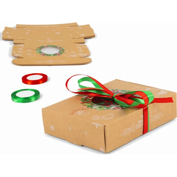 12 Stuks - Gebak Doosjes - Met Rood En Groen Lint - Kerst Koekjes Dozen - Kerstkoekjes Geschenkdozen - Gebak Kerstcadeau Doosjes - Kraft Papier Voedsel Dozen - Bedrukte Dozen Met Doorzichtig
